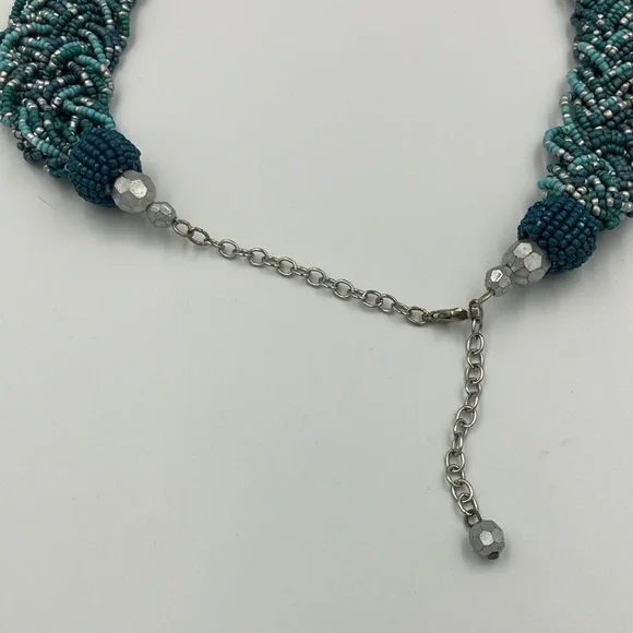 Vintage Turquoise and Silver Small Beads Braided Chunky Statement Necklace - Picture 4 of 9